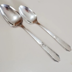 May include: Two silver spoons with ornate designs on the handles. The spoons are shiny and reflect light.