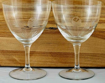 2 Cut Glass Rose Water Glasses 6" vtg ice tea wine goblets etched floral 10oz