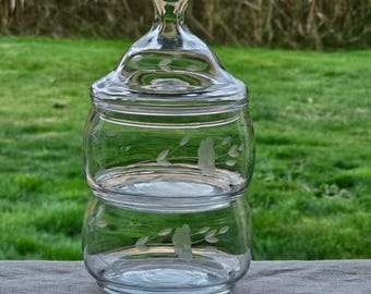 Princess House Heritage Lidded Storage Jar 7&quot; floral etched glass stackable