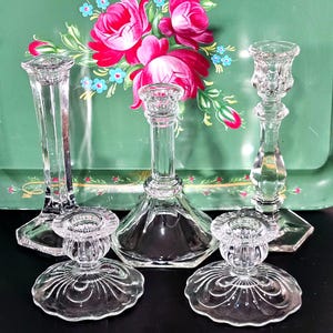vtg assorted crystal candlesticks lot/5 taper glass holders wedding decor tablesettings