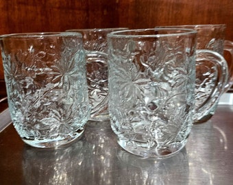 Princess House Crystal Fantasia Coffee Mugs 4&quot; poinsettia all over 3D floral set of 4