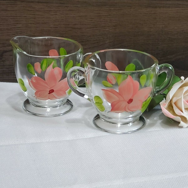 Vintage Bartlett Collins Hand Painted Clear Glass Cream Sugar Set Flower Floral