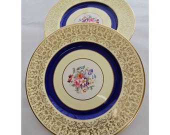 3 Johnson Bros Gold Filigree Dinner Plates 10.5" Vintage Floral China Cobalt Rim 1930s