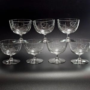 7 Seneca Etched Leaves Cocktail Liqueur Coupe Glasses 2.75&quot; vtg tasting sherbet glass