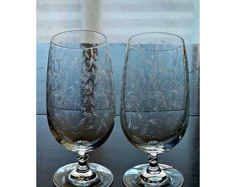 2 Pier1 Eliza Iced Tea Goblets Glasses 7.5" crystal chintz etched leaves vintage