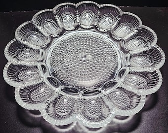 Indiana Glass Hobnail Deviled Egg Plate 11" platter tray 1970s vtg serves 15