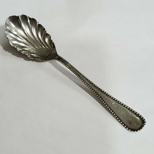 May include: A silver sugar spoon with a scalloped bowl and a beaded handle.
