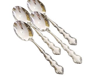 4 Oneida Deluxe Mozart Soup Spoons scalloped edge baroque scrolls 80s vtg stainless Silverware maximalism