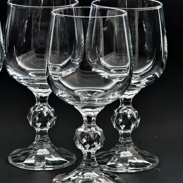 3 Bohemia Crystal Claudia Water Goblets 6.5" sculpted stem glasses Poland 1980s