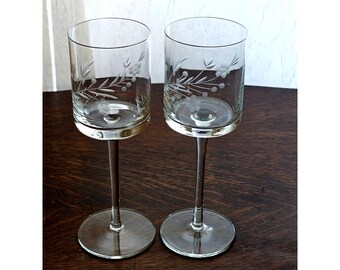 2 Romanian Toscany Wine Glasses 8" etched floral crystal cylinder goblets