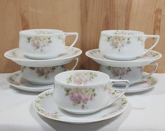 Rosenthal Bavaria Pink Roses Cup Saucers set-5 Donatello 1930s antique vintage