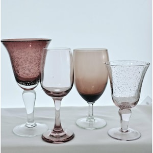 4 Mismatched Amythest Glass Wine Water Goblets glassware vintage mixed glasses