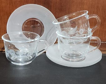 3 Avon Etched Hummingbird Cup Saucer Crystal Collection teacup teatime 1980s