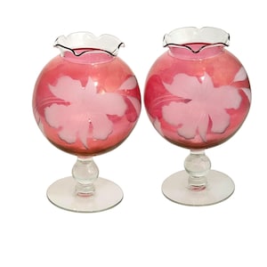 2 Cranberry Glass Globe Vase 7.5&quot; etched floral flower ruffled edge vtg Victorian-style MCM  flash paint
