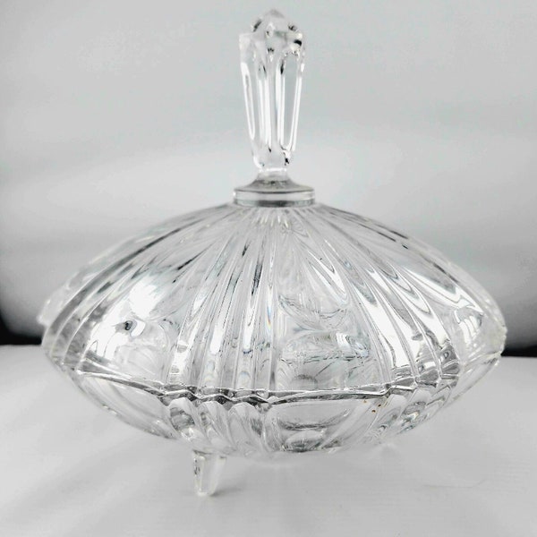 Vntage Echt Bleikristal Art Deco Covered Crystal Candy Dish 7" finial lid 3 toed