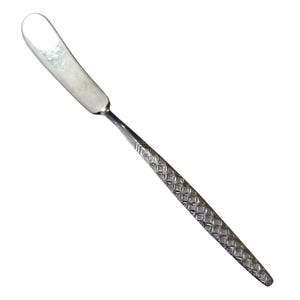 May include: A silver butter knife with a rounded blade and a patterned handle. The handle features a repeating diamond-like design. The knife is designed for spreading butter or other soft spreads. The knife is made of stainless steel.