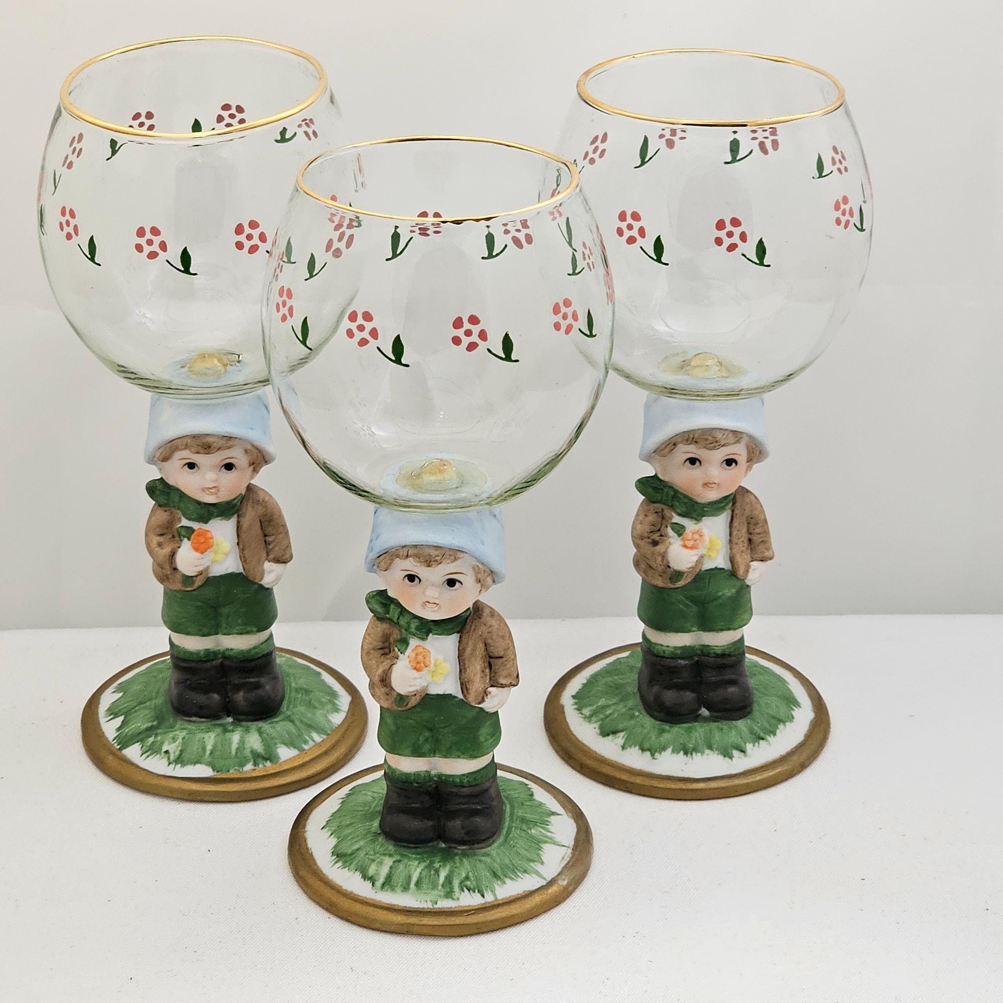 1980s Porcelain Figurine Wine Glasses Set-3 by JSNY Taiwan Whimsical ...