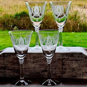 Fostoria Lenox Etched Laurel Water Glasses 8" cut botanical pattern crystal medallion