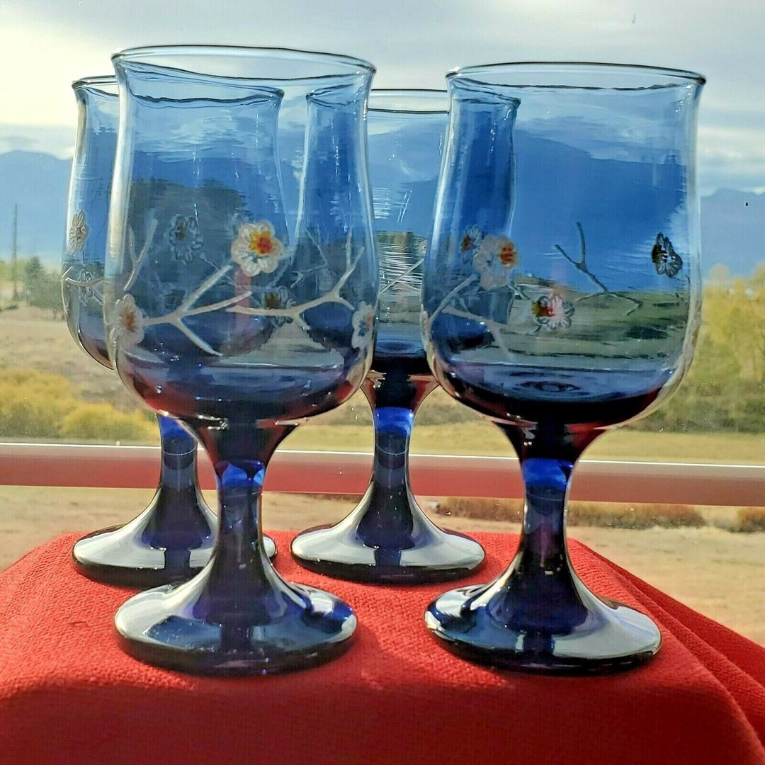 Vintage 4 Libbey Indigo Blue Stemmed Wine Glasses Handpainted Etsy