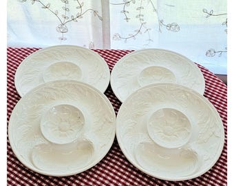4 Ivory Majolica Artichoke Plates country charm embossed ceramic vtg flaws 10"