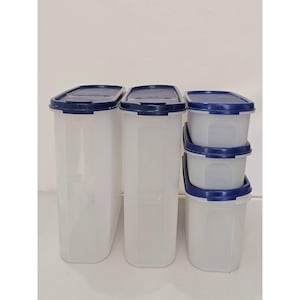 Vintage Tupperware Modular Mates Super Oval Set 5, Dark Blue Lids Stackable Pantry Food Storage Jars