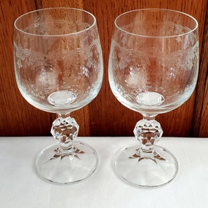 2) Cascade Etched Goblet Fine Lead Crystal Import Assoc 6&quot; Czechoslovakia