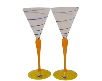 Czech Slavia Glassworks Cocktail Glass Post modern art glass vtg Bohemian memphis style 8.5 in
