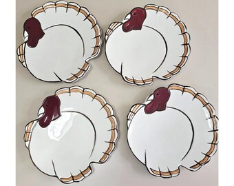 4 Pottery Barn Gobble Turkey Plates Thanksgiving Dessert Salad table 7”