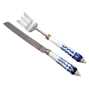Blue White Serving Set Porcelain Handled Fork Knife 12.5&quot; vtg leaf design silver