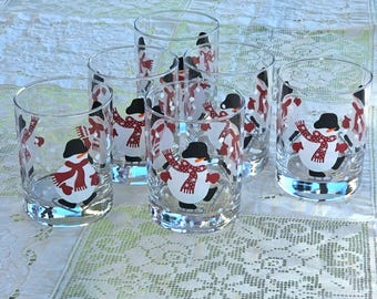 6 Arcoroc Skating Snowman Lowball Glass 4.2" Crate and Barrel Christmas Holiday Tumbler