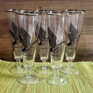 5 Federal Glass Silver Rim Game Birds Footed Pilsner Glasses Canadian Goose 8.2&quot;