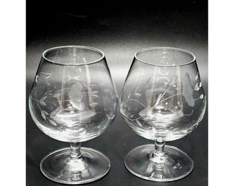 2 Princess House Heritage Etched Brandy Snifters 4.5" crystal glasses