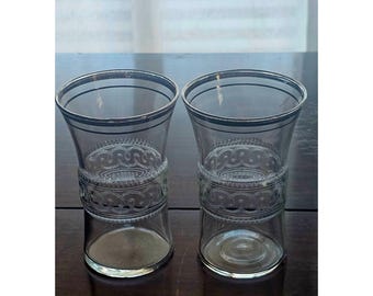 2 Vintage Etched Crystal Tumblers Silver Rim Retro Cocktail Needle Etched Barware Glasses