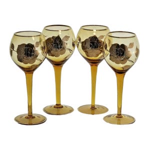 Amber Gold Floral Wine Glasses set-4 vtg Czech topaz Mid-Century cocktail glass