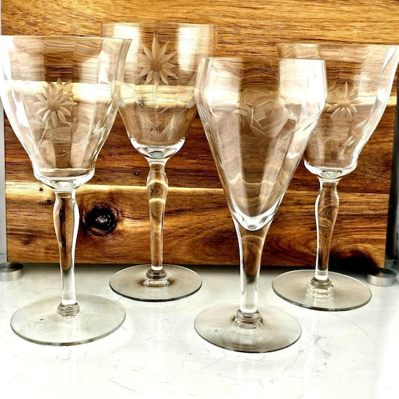 4 Etched Floral Wine Cocktail Glasses Elegant Mixed Designs mismatched flaw