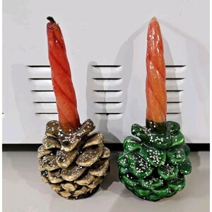 Gurley Pinecone Candle 3&quot;  Christmas 1950s figural glitter original label 2pc