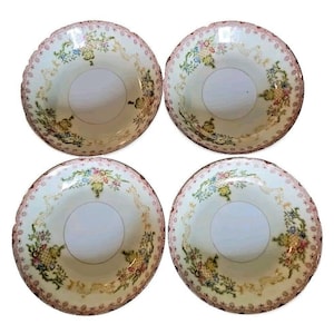 National China Fruit Dessert Bowls 5&quot; set-4 Japan red rim tan lattice floral