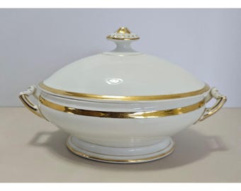 Limoges GD Covered Serving Bowl Vintage Antique White Porcelain Gold Tureen 1qt