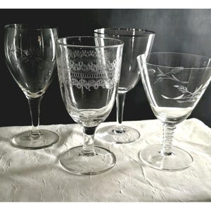Mismatched Wine Cocktail Glasses set/4 vtg mixed silver rim etch glassware party
