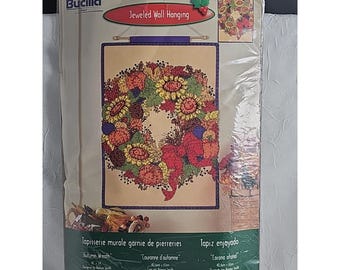 Bucilla Jeweled Wall Hanging Kit Autumn Wreath sequin vtg fall leaves Thanksgiving