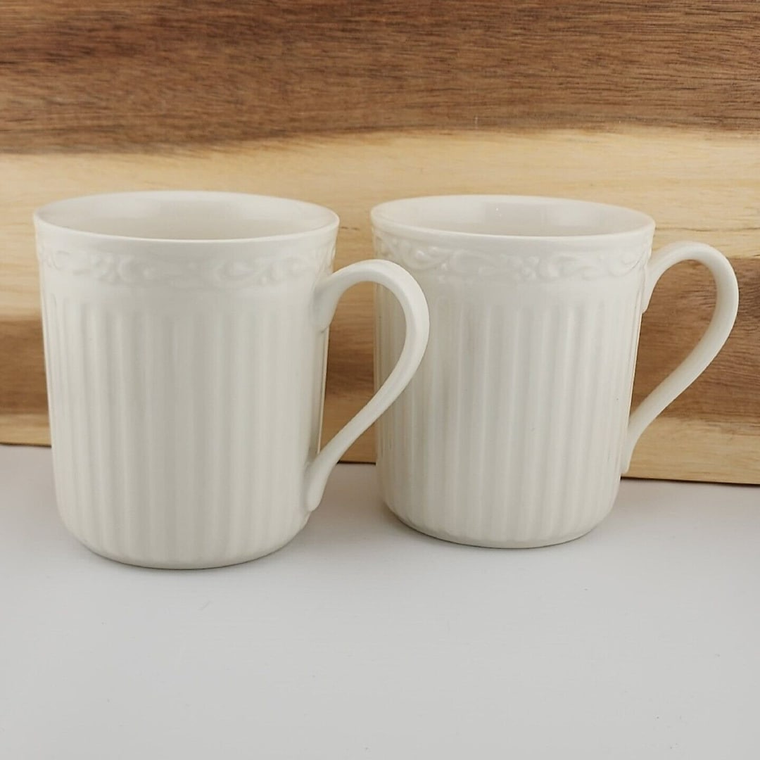 2 Mikasa Italian Countryside Mug 4 Ribbed Floral Embossed White ...