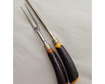 Bakelite Vintage Carving Set 13" Meat Fork and Sharpener England 2piece