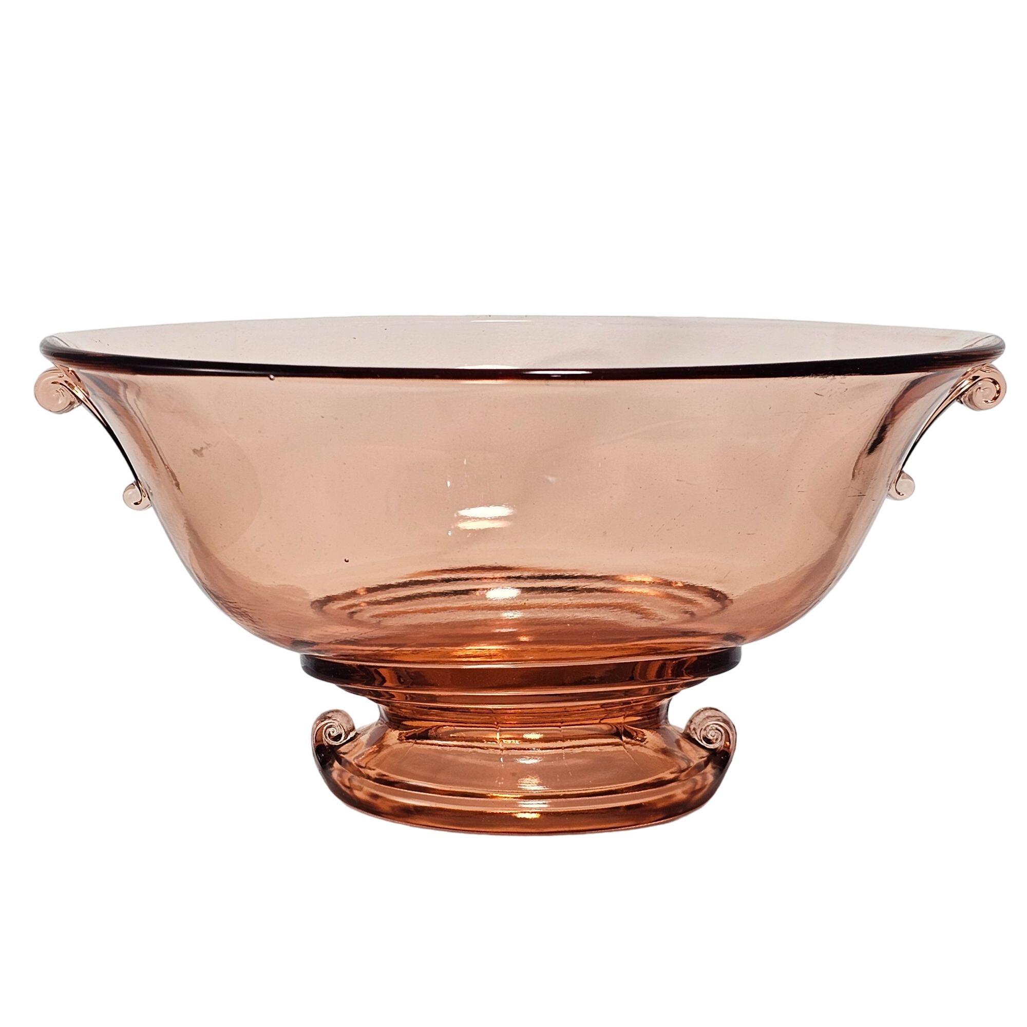 Vintage Fenton Cut-Pink Dolphin Handle Glass Bowl Floral Cut