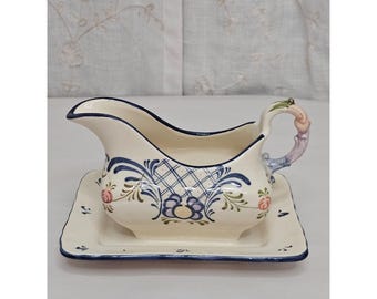 Zeller Keramik Favorite Gravy Sauce Boat Underplate Vtg Ceramic Germany folk art