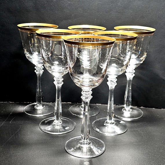 6 Mikasa Empire Gold Trim Wine Glasses 7" lead crystal luxury 90s stemware