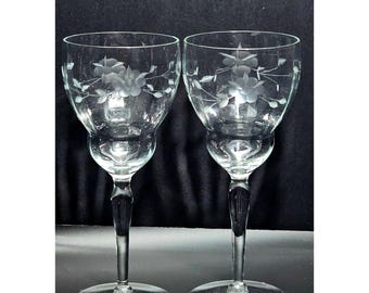 2 Vintage Weston Floral Wine Glasses 8" elegant etched Romantic Water Goblets