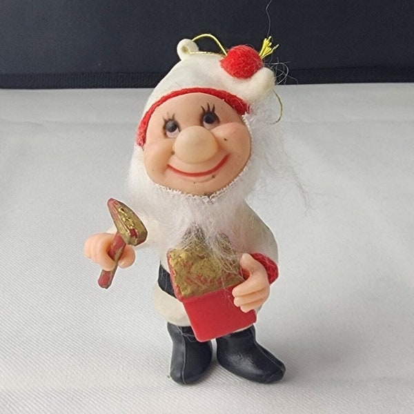 Vintage Pixie Elf Santa’s Helper Plastic Ornament Made In Hong Kong Christmas