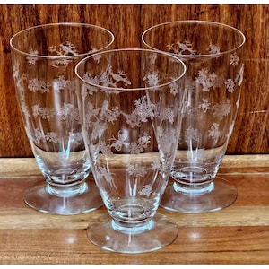 Heisey Chintz Etched Ice Tea Glasses 5.5” vintage bird butterfly floral 3piece
