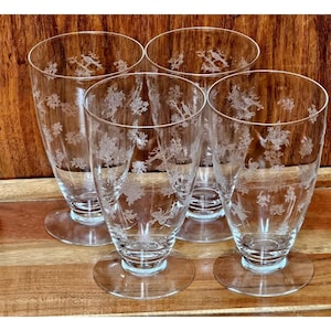 Heisey Chintz Etched Ice Tea Glasses 5.5” vintage bird butterfly floral 4piece