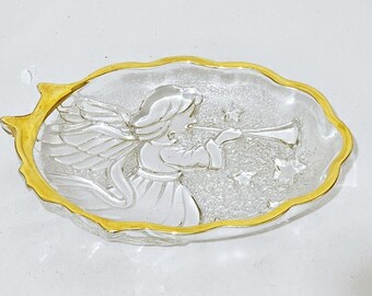 Mikasa Angel Song Gold Gilded Candy Dish 6" holiday clear glass bowl trinket nut